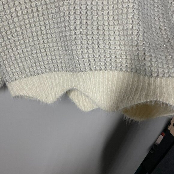 FRNCH Womens Sz S/M Mock Neck Fuzzy Geometric ZigZag Hem Ivory Metallic Sweater - Picture 7 of 9
